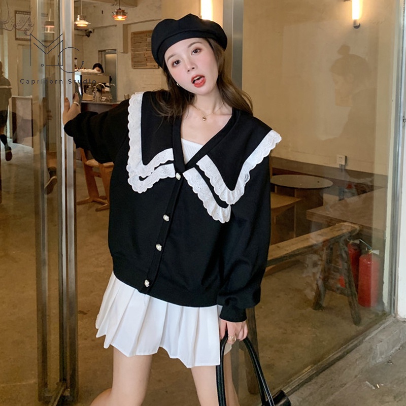 Áo khoác len màu đen cổ búp bê phong cách Hàn Quốc đáng yêu