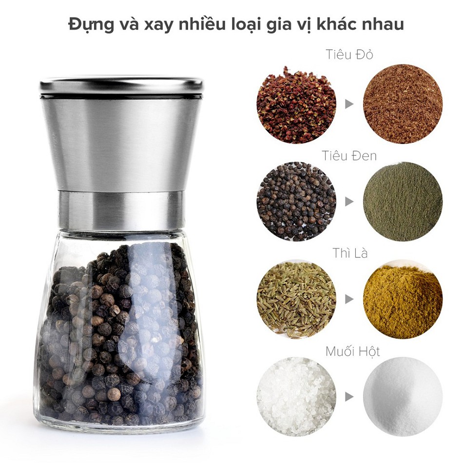 Dụng cụ đựng, xay tiêu, inox sang trọng, tiện dụng