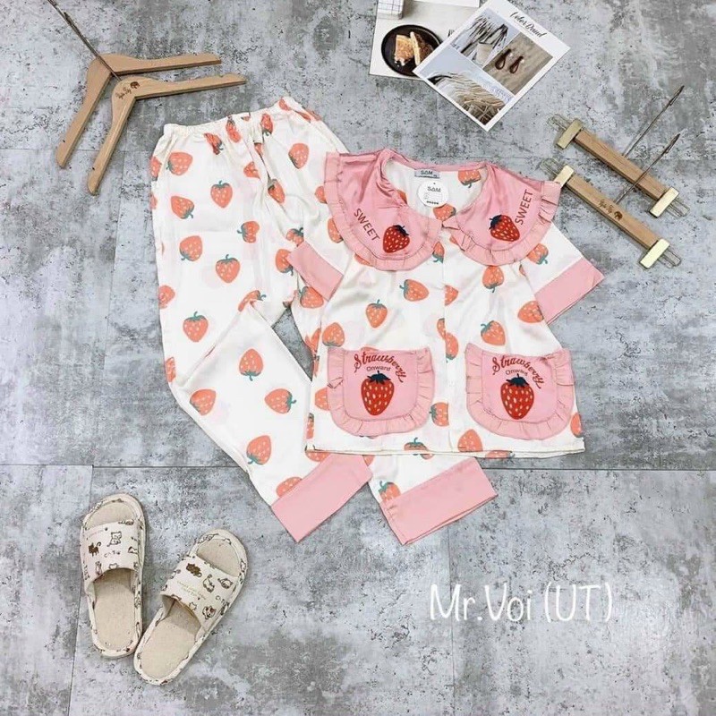 Bộ đồ Pijama lụaBộ lụa tay cộc quần dài hoạ tiết mát lịm