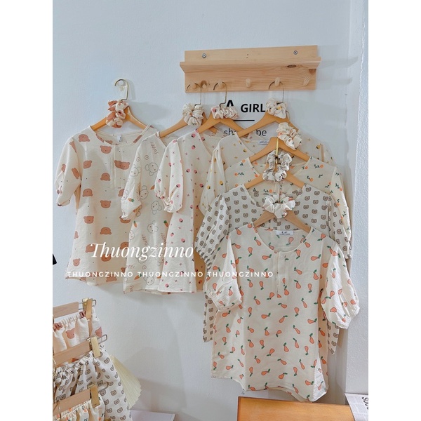 [Ảnh thật/Video]Set bộ đồ Hoạ Tiết Xinh Xắn Phong Cách ULZZANG Chất Liệu Vải Xô Thái Bộ Pijama Mặc Nhà cute hoạt hình