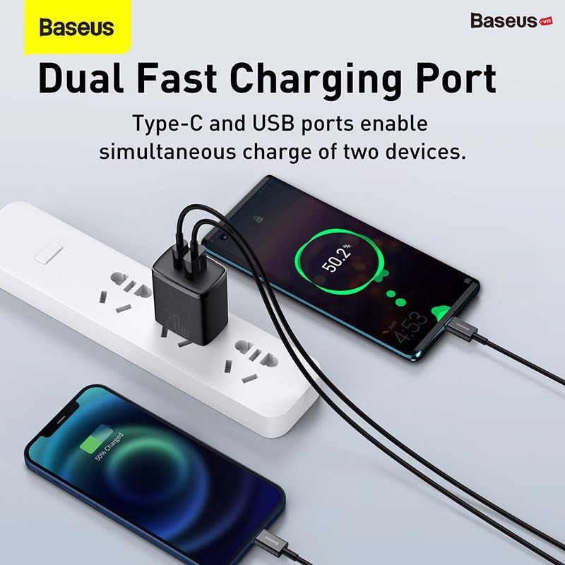 Củ sạc nhanh 20w iPhone và Android 2 cổng sạc typec và usb công nghệ sạc nhanh pd 3.0 và qc 3.0 chính hãng baseus