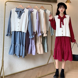 (ORDER) Set váy dài tay mùa thu cổ thắt nơ xòe dài nhún bèo đuôi cá điệu đà+ Áo vest len  - Có ảnh thật