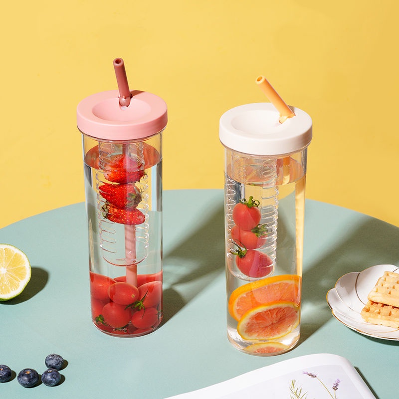 Bình đựng nước 700ml - Bình detox trong suốt có ngăn lọc và ống hút