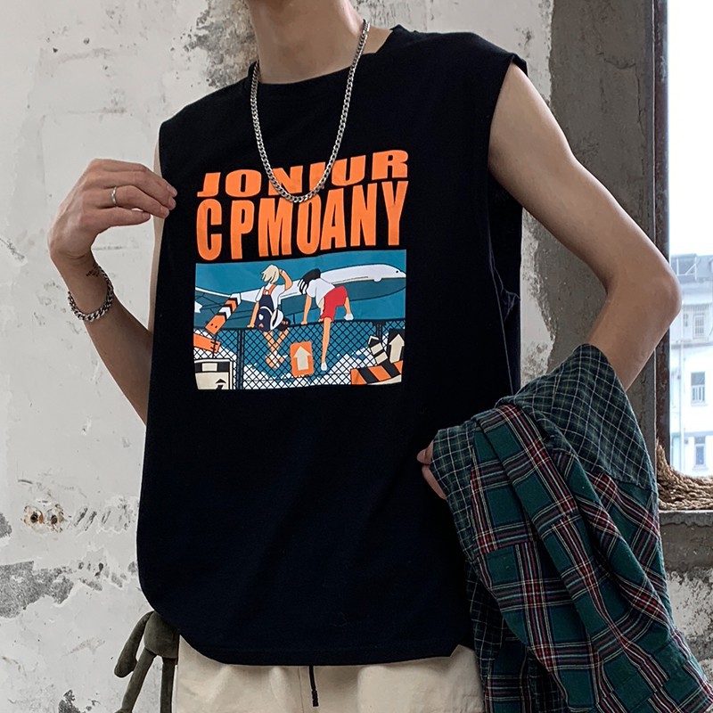 9m-5xl essummer fat mens tank top cho nam kích thước lớn thời trang phim hoạt hình in cơ bắp thể dục không tay áo quá khổ phong cách hàn quốc lỏng cotton cổ tròn sinh viên thanh niên thể thao tees