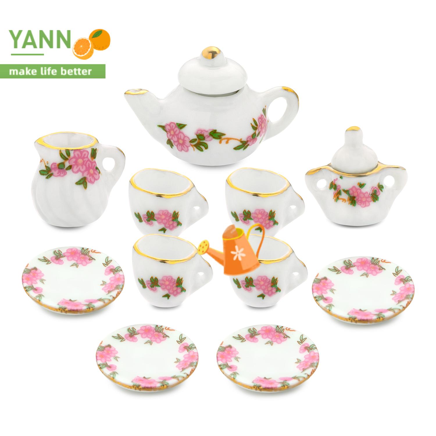 🍊YANN🍊 11pcs Toys Dollhouse Accessories Chic Style Porcelain Tea Cup Set 1/6 1/12 Miniature with|Trim Kitchen Floral Pattern Home Decoration Kit 11pcs Dining Ware