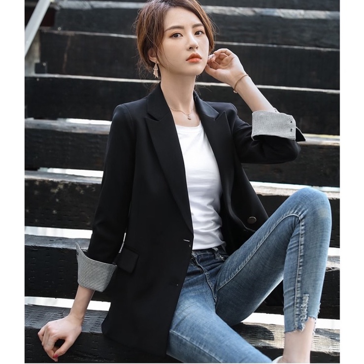 AK6 - Áo khoác blazer dáng dài phối tay