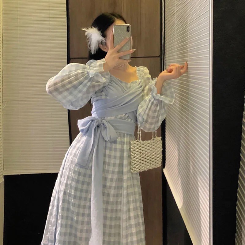 Đầm ulzzang dáng dài vintage hoạ tiết kẻ caro phong cách công chúa hàng Quảng Châu