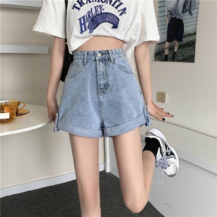 Quần jean short lưng cao dáng rộng phong cách retro Hàn Quốc thời trang mùa hè cho nữ