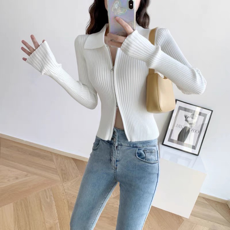Áo croptop dệt kim tay dài phối khóa kéo đôi thời trang mùa thu quyến rũ thanh lịch cho nữ