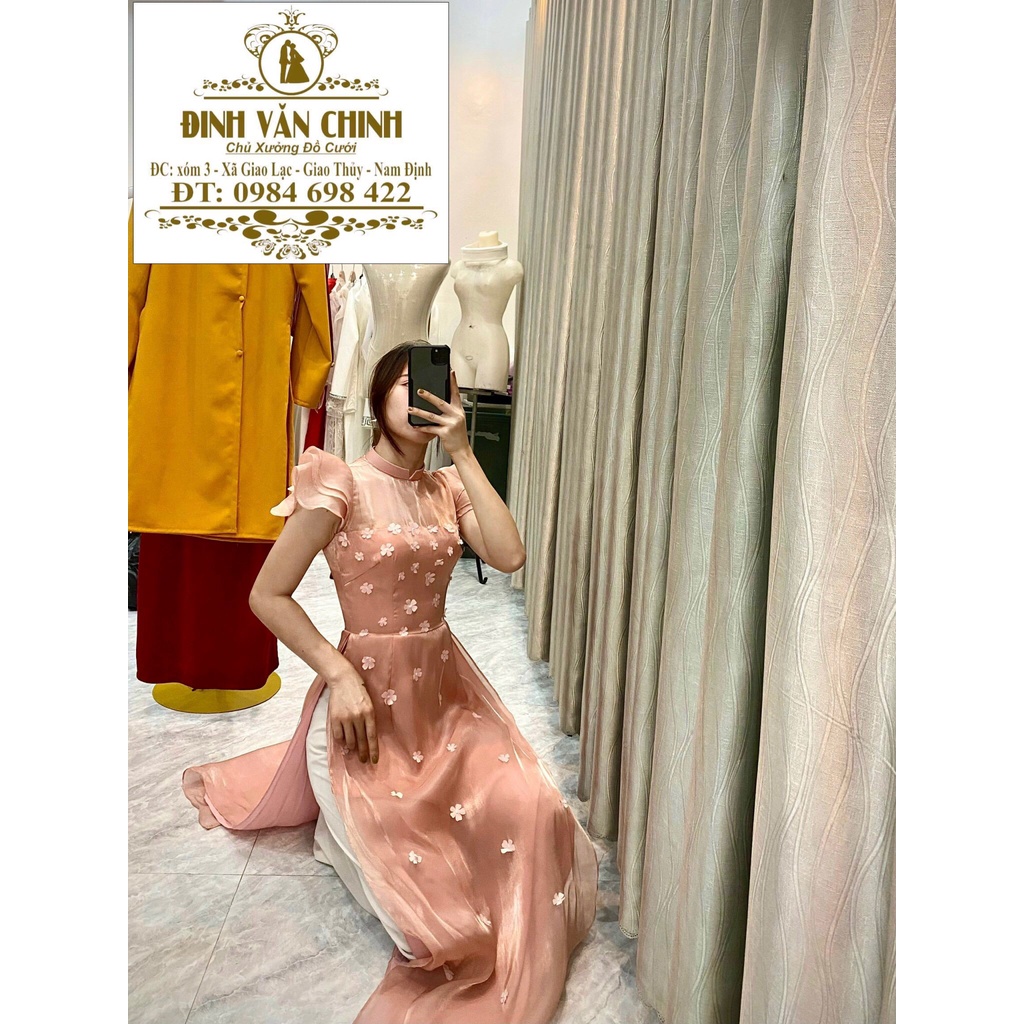 Áo dài tơ óng lót lụa 4 tà thiết kế cao cấp _ADTO003 tông hồng quý phái