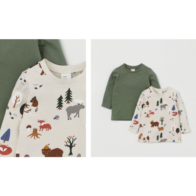 set 2 áo dài tay in hình xanh và trắng cho bé trai bé gái chất cotton