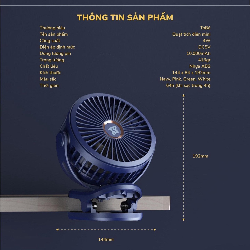 Quạt tích điện Tobe 10000 mah 4 màu - 9115