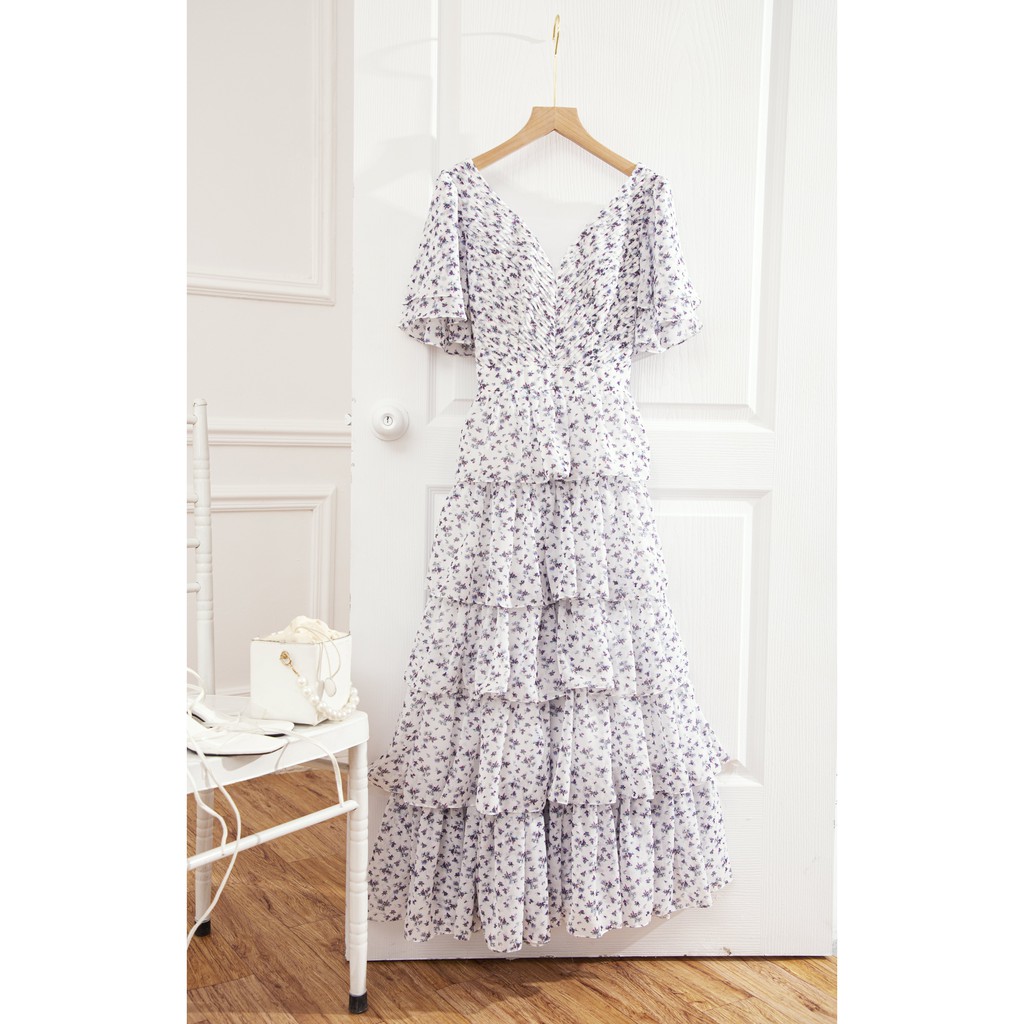 SÒ VINTAGE - NAVIE Đầm hoa cổ tim tay cánh tiên xếp tầng | BigBuy360 - bigbuy360.vn