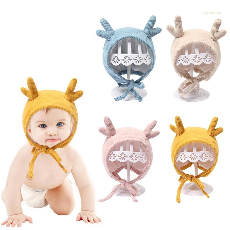 Mũ beanie màu trơn hình sừng nai dễ thương giữ ấm tai cho bé