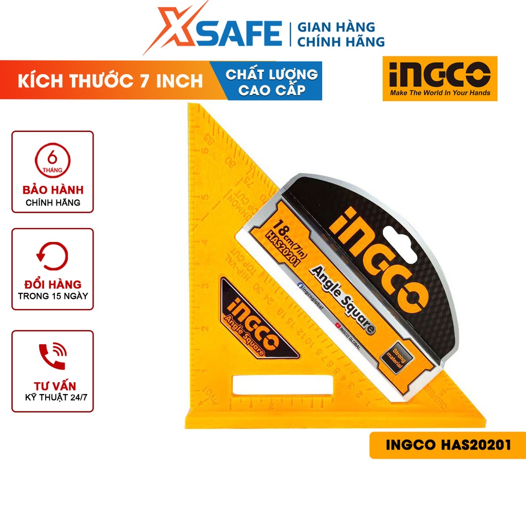 Thước ê ke INGCO HAS20201 Thước đo góc vuông kích thước 7 inch*7 inch, chất liệu ABS nhẹ, dễ đánh dấu và cắt