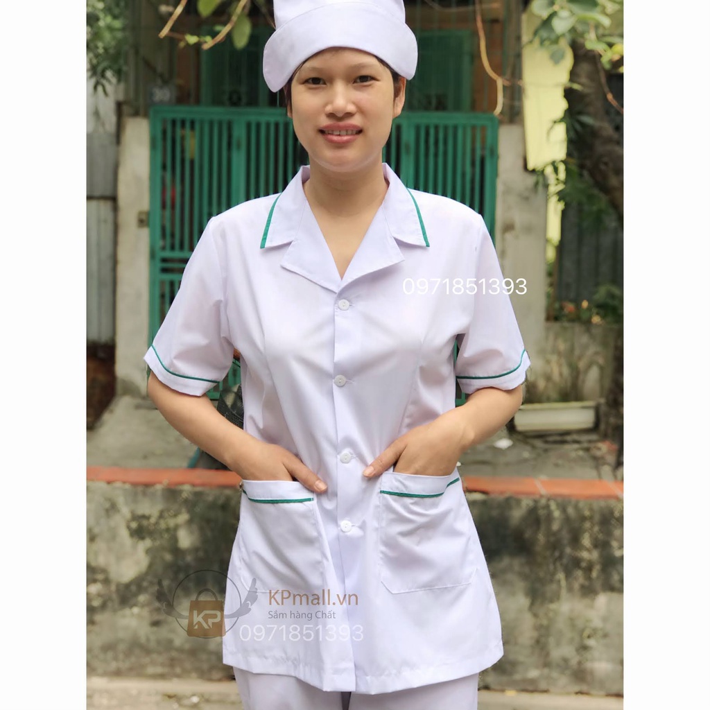 Bộ quần áo blouse trắng dáng ngắn viền Xanh Lá nam nữ cộc tay, dài tay cho dược sỹ, y tá, điều dưỡng, thẩm mỹ viện
