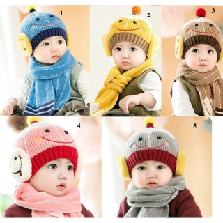 Bộ khăn + mũ len hình mặt cười cho bé trai/ bé gái