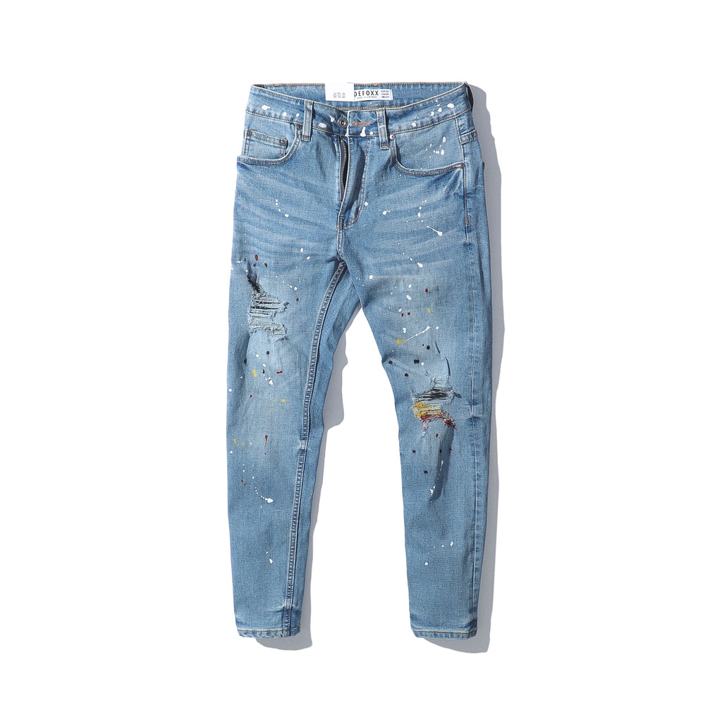 Quần jean nam, quần bò nam cao cấp slimfit DEFOXX xanh wash rách vẩy sơn 220948