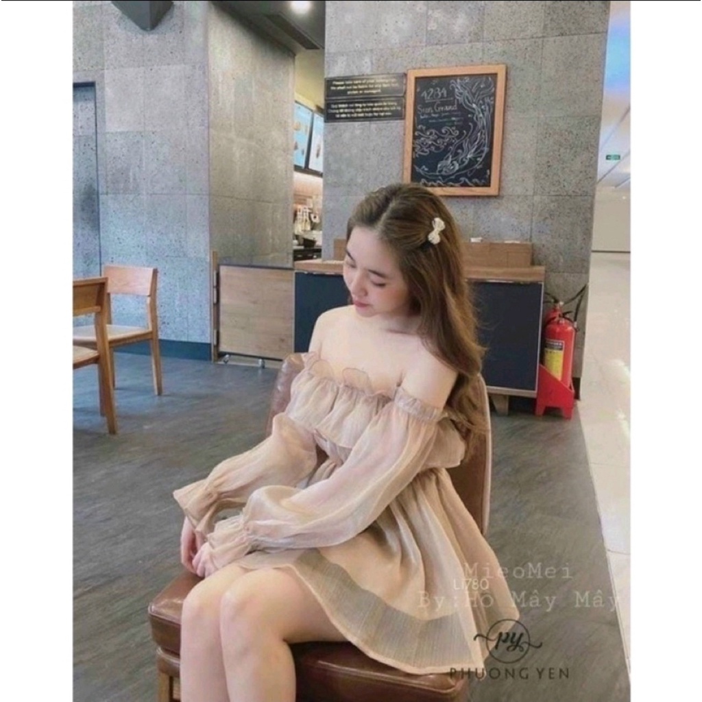 Đầm ngắn bẹt vai 2 lớp chất Tơ gân (size dưới 54kg)