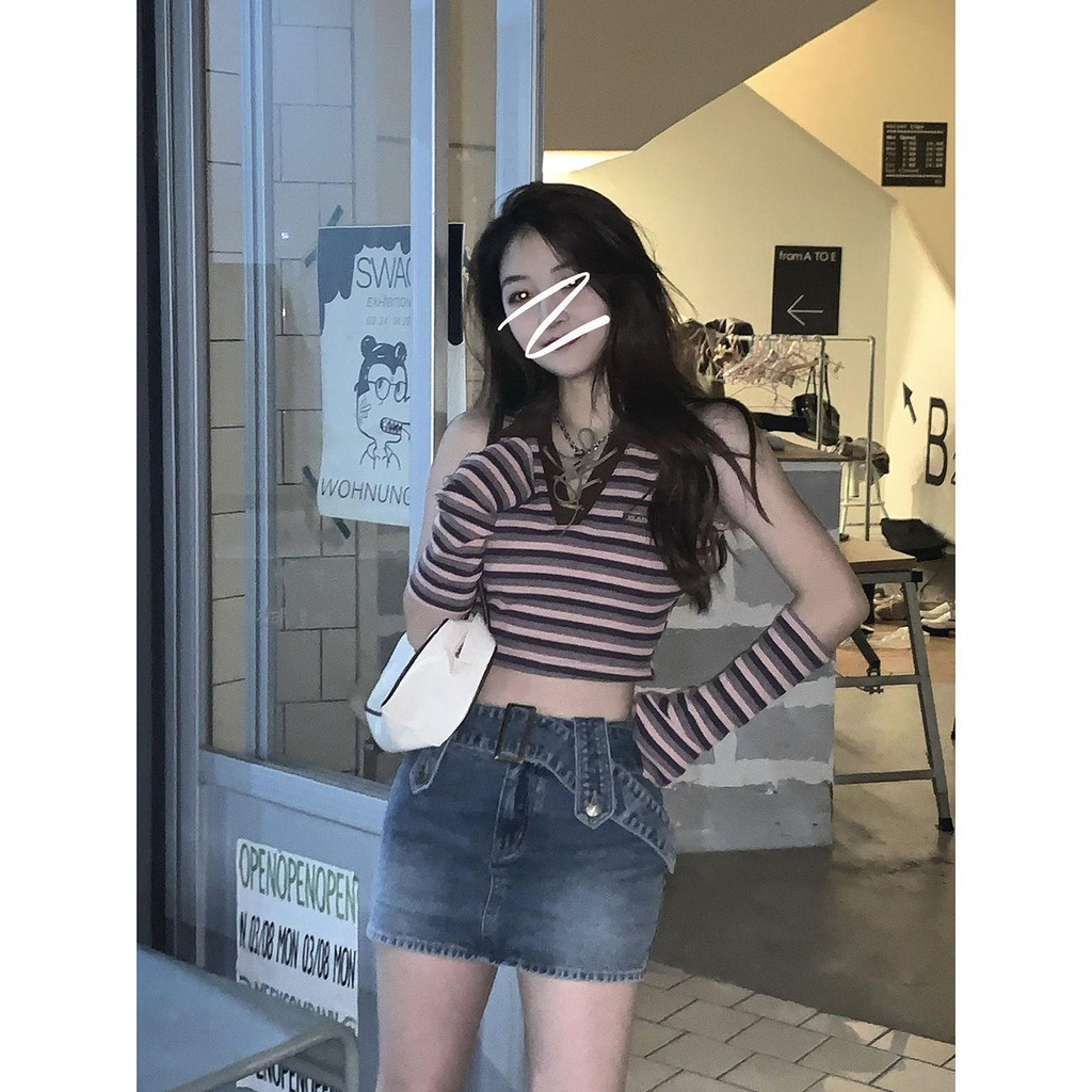 Áo Thun POLO Ngắn Ôm Dáng Thắt Dây Họa Tiết Kẻ Sọc Phong Cách Hàn Quốc Thời Trang Xuân Hè Hàng Mới Dành Cho Bạn Nữ