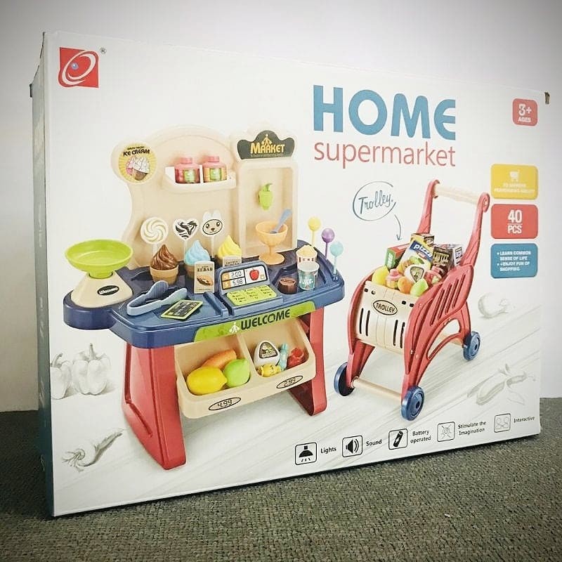 (Phiên bản mới 40 chi tiết, có xe đẩy đồng bộ) Bộ đồ chơi phụ kiện cửa hàng bán kem và kẹo ngọt cho búp bê sử dụng pin