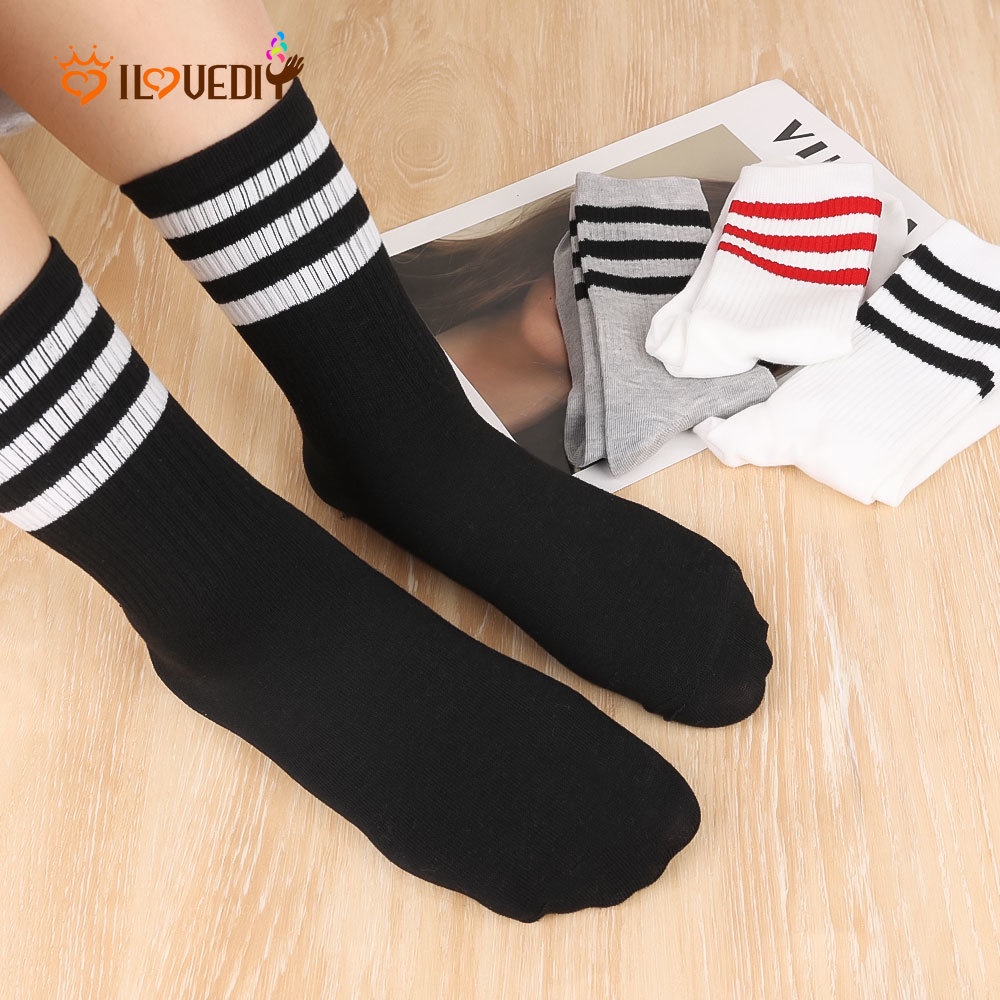 Vớ Thể Thao Cotton Dày Dặn Thoáng Khí Họa Tiết Kẻ Sọc Đơn Giản Thời Trang Thu Đông Phong Cách Nhật Bản Cho Nữ