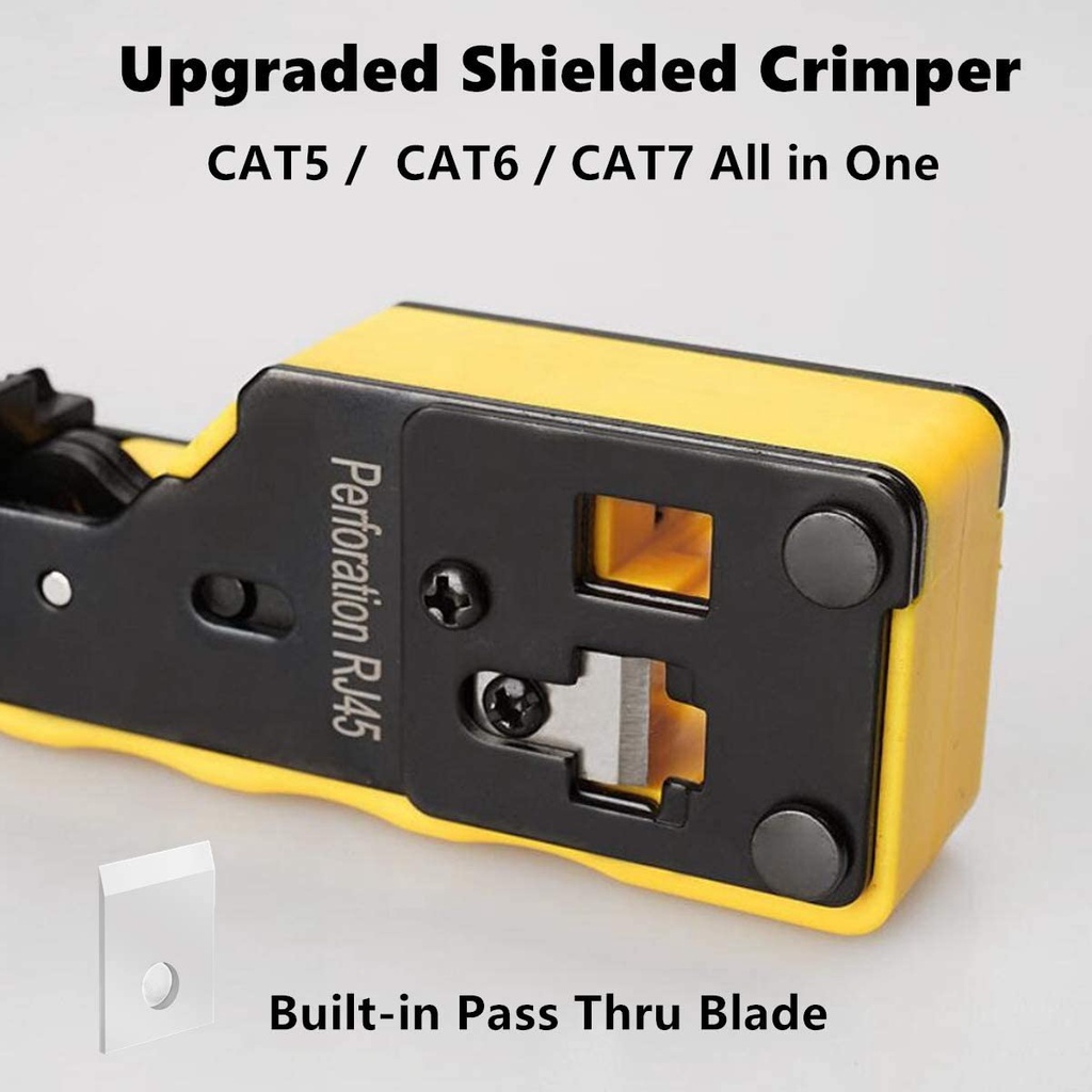 Đi qua Crimper cho đầu nối mạng CAT5 / 5e CAT6 CAT6a CAT7 Phích cắm mô-đun được bảo vệ RJ45 RJ12 RJ11 Truyền qua công cụ uốn Cắt dải và uốn tất cả trong một
