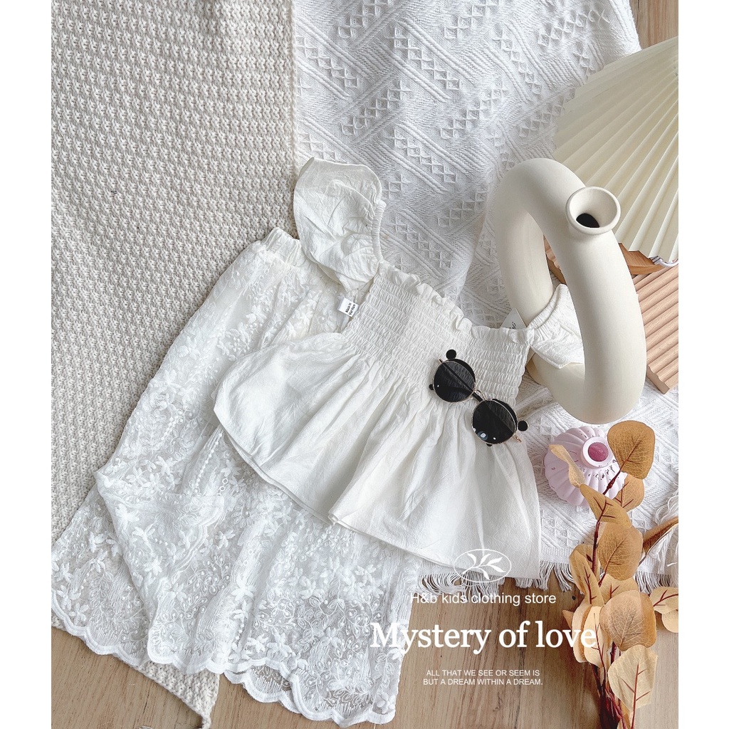 Set bộ váy maxi trắng đi biển phối ren siêu yêu cho bé S4BT9
