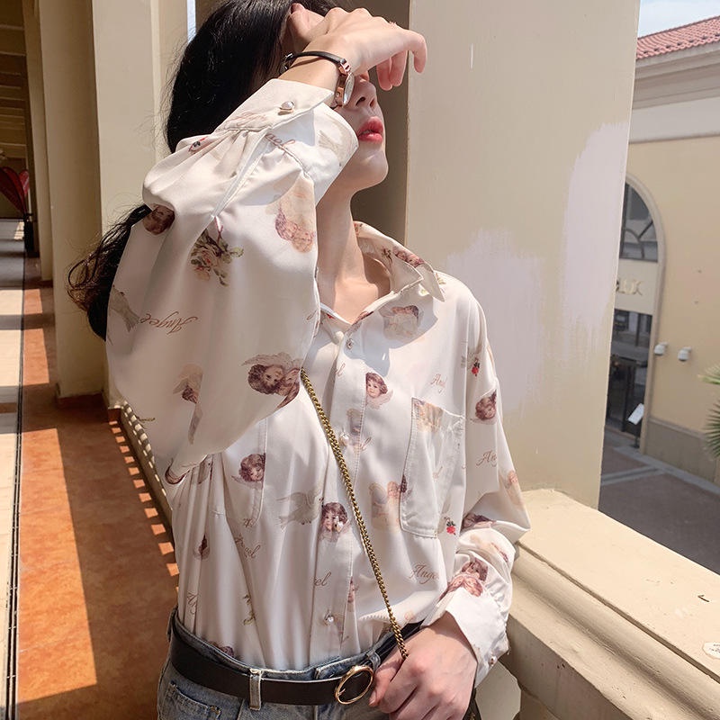 Áo sơ mi vải chiffon tay dài bồng phong cách cổ điển Hồng Kông cho nữ