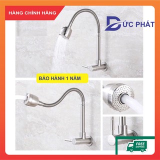 Vòi rửa bát lạnh cắm tường cần mềm inox 304