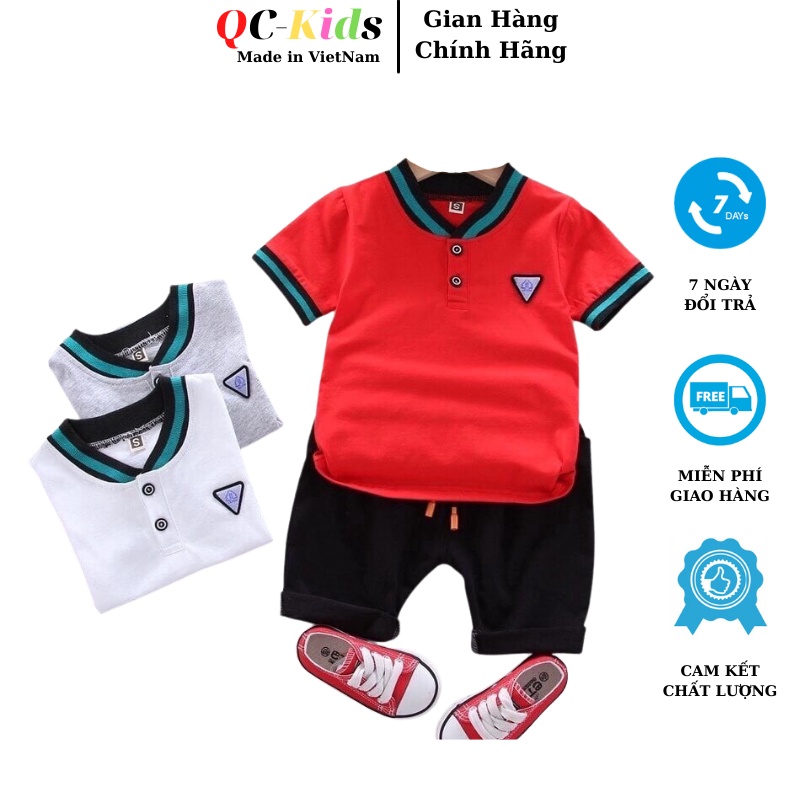 Bộ quần áo cộc tay trẻ em cổ đức thêu huy hiệu chất liệu cotton cho bé trai 8-18kg