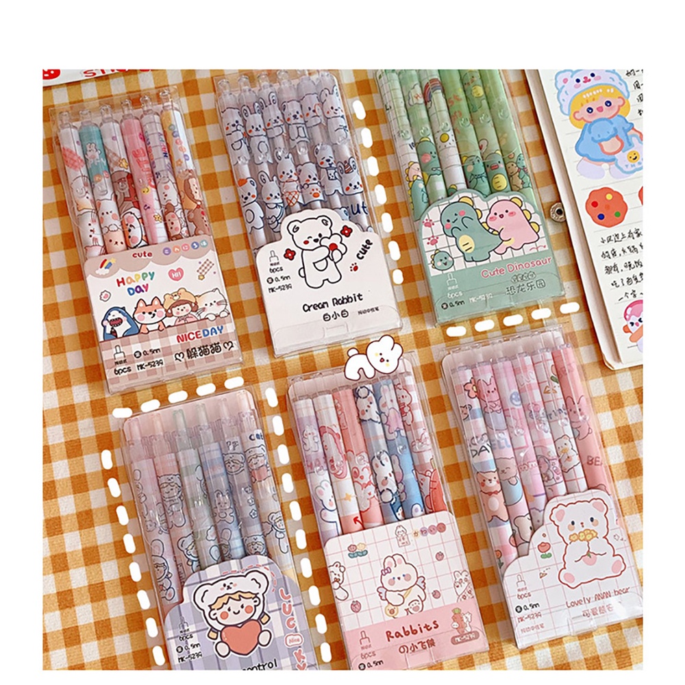 Set 6 bút bi mực đen kiểu dáng hoạt hình cỡ ngòi 0.5mm