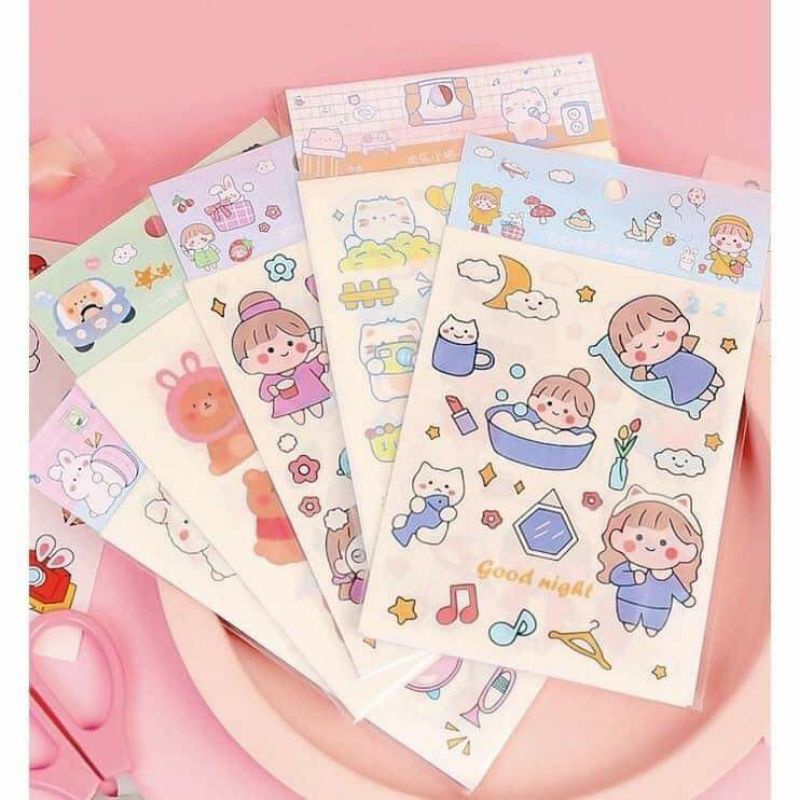 Sticker trang trí set 4 tờ tự cắt dán trang trí sổ dễ thương, dán laptop
