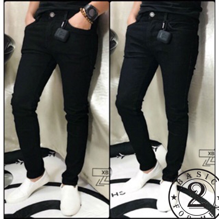 Quần Jean Nam Trơn Đen Chất Cotton Co Giãn Dáng Ôm Ống Côn