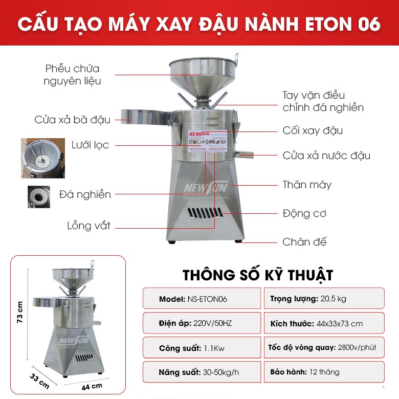 Máy xay đậu nành liên hoàn ETON 06 NEWSUN Công suất 1.1kw, bảo hành 12 tháng, hàng Việt Nam chất lượng cao