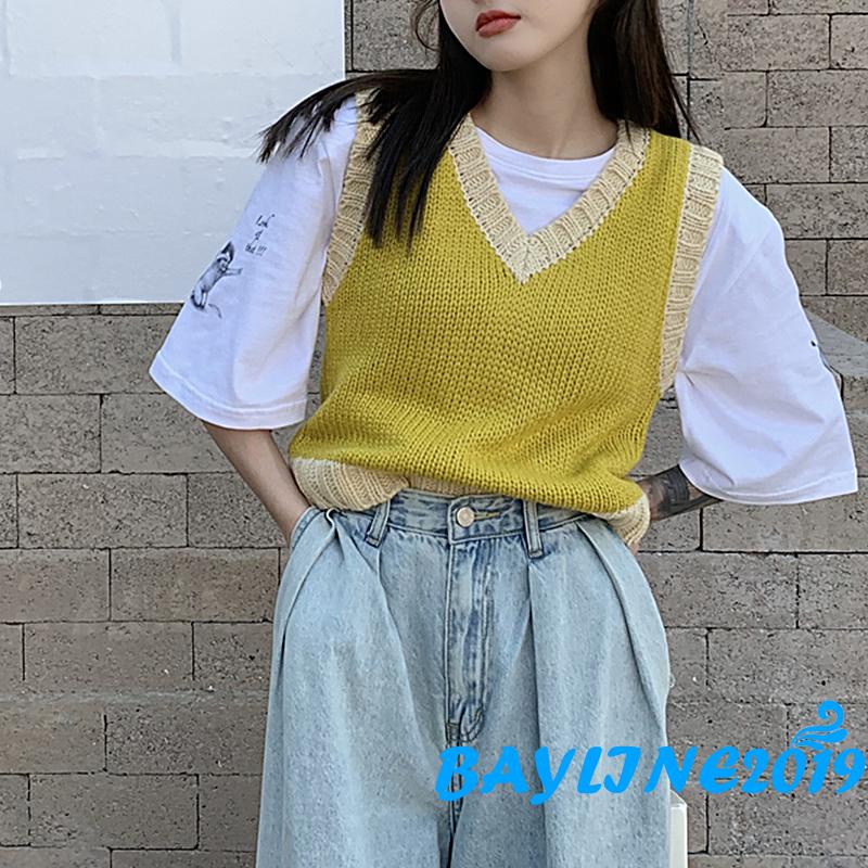 Áo dệt kim sát nách cổ chữ V màu sắc độc đáo thời trang mùa thu quyến rũ cho nữ