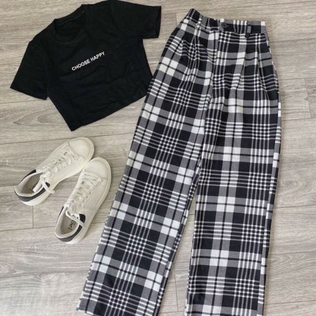 SET ÁO CROPTOP + QUẦN SUÔNG CARO ỐNG RỘNG TT51