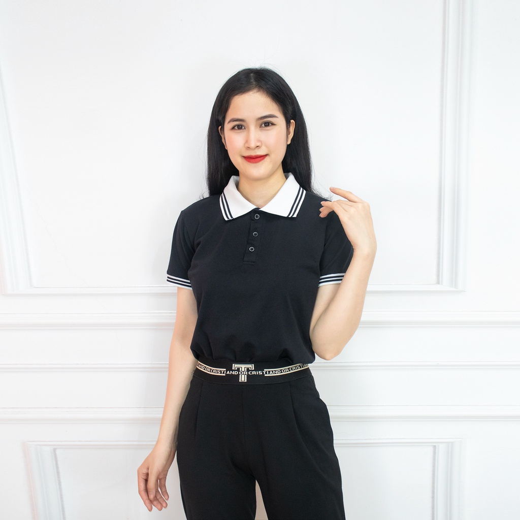 Áo polo nữ AMYRA co giãn có cổ form rộng công sở có cổ basic vải cotton thun phông trơn trắng đen AT021 | BigBuy360 - bigbuy360.vn