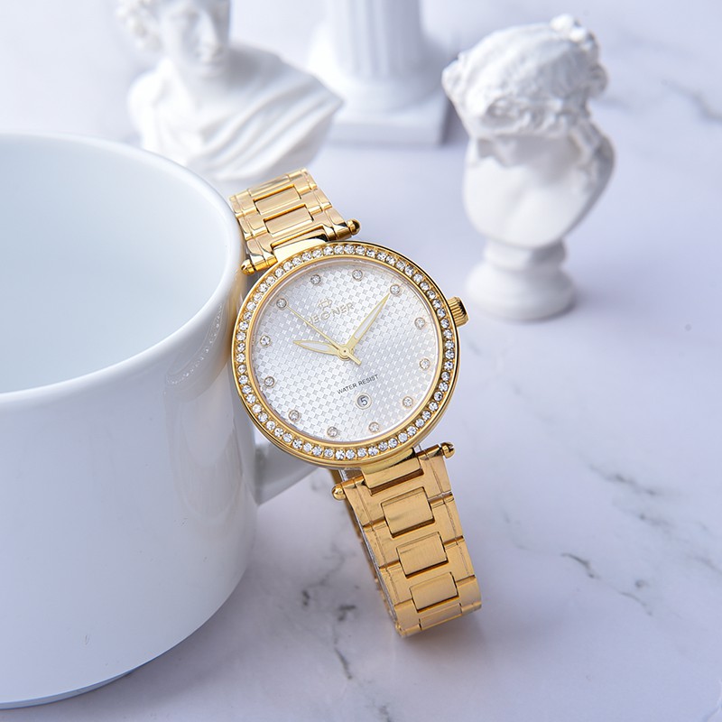 Đồng hồ nữ mặt kính Sapphire chống xước chính hãng Hegner HW-1646LGWH chống nước, có lịch ngày, cọc số và viền đính đá