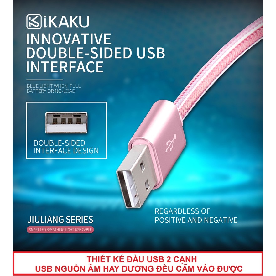 Cáp sạc nhanh Micro USB tự ngắt khi đầy pin Android - Hãng KAKU - Dây dù 2m - Sạc nhanh - LED báo - USB 2 cạnh