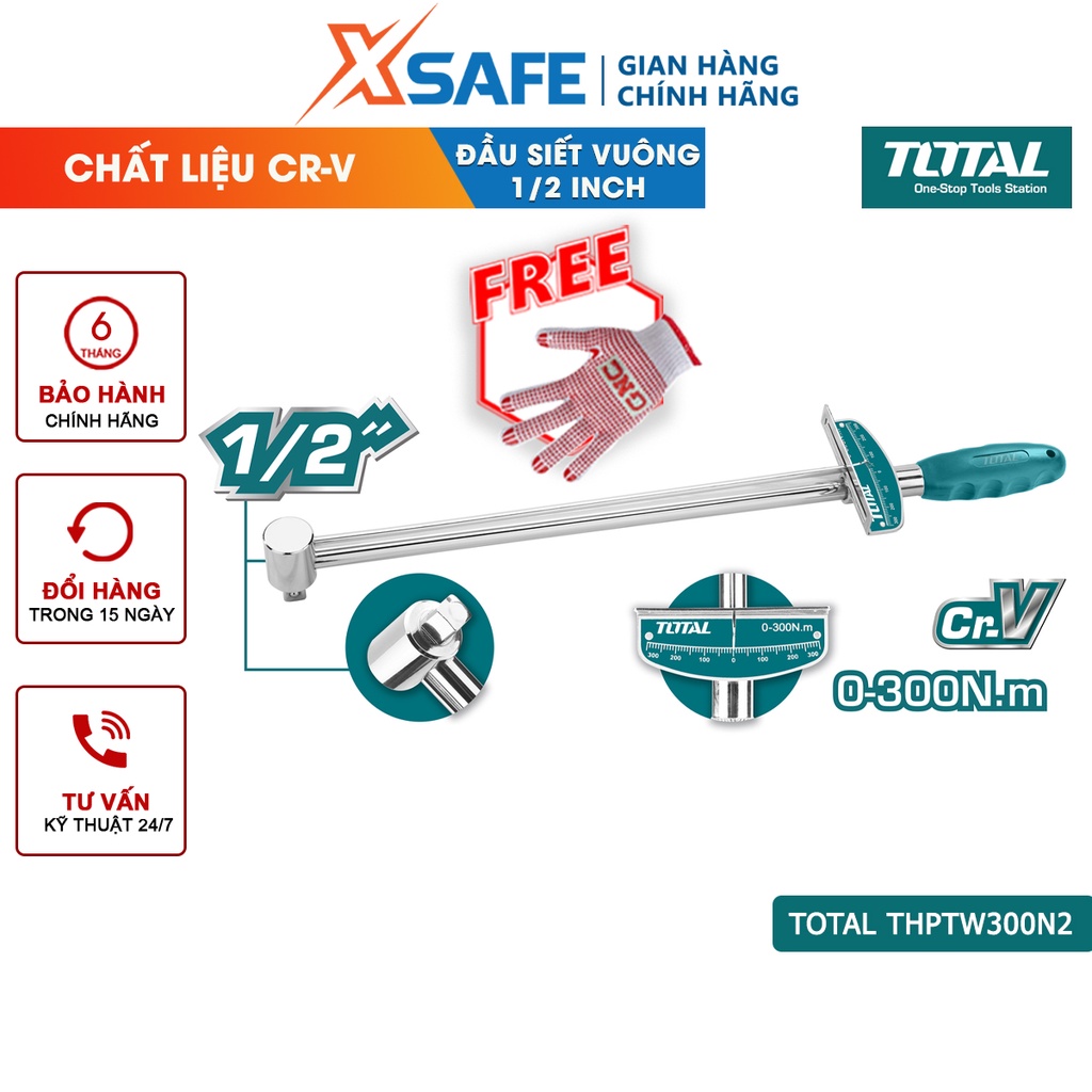 Cần siết lực TOTAL THPTW300N2 gọn nhẹ, chất liệu thép CR-V, chịu nhiệt, mạ crôm, mô-men xoắn 0-300N.m - chính hãng