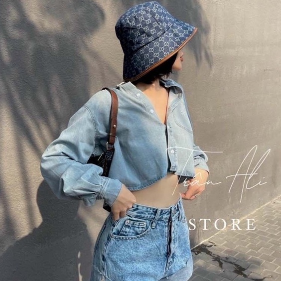 Áo sơ mi jean form croptop tay dài siêu thời trang chất bò dày dặn phong cách ulzzang hàn quôc, XUONGMAYSIGIARE
