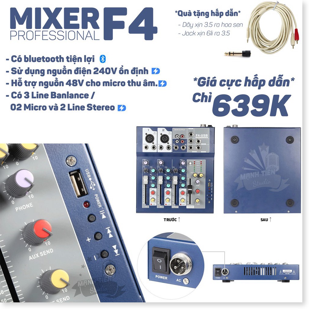 [TẶNG KÈM] Bộ trộn âm thanh chuyên nghiệp Mixer F4 tặng kèm dây xịn 3.5 ra hoa sen, jack xịn 6li ra 3.5 - hát karaoke