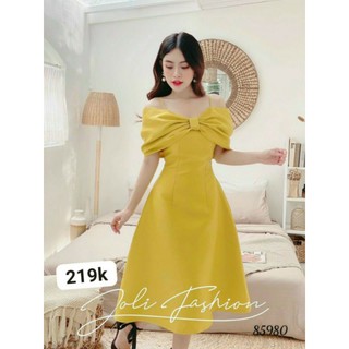 [ĐẦM BIGSIZE] Đầm vàng nơ bẹt vai tiểu thư