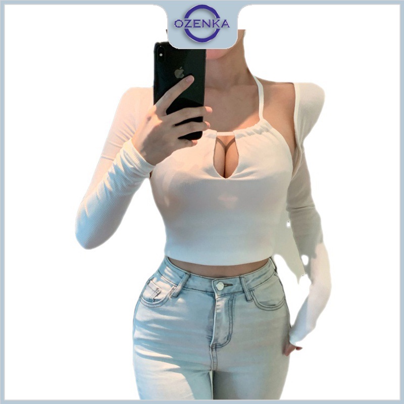 Set áo khoác croptop tay dài áo 2 dây ôm body nữ OZENKA , áo crt kiểu Hàn Quốc gợi cảm thun cotton đen trắng dưới 55 kg