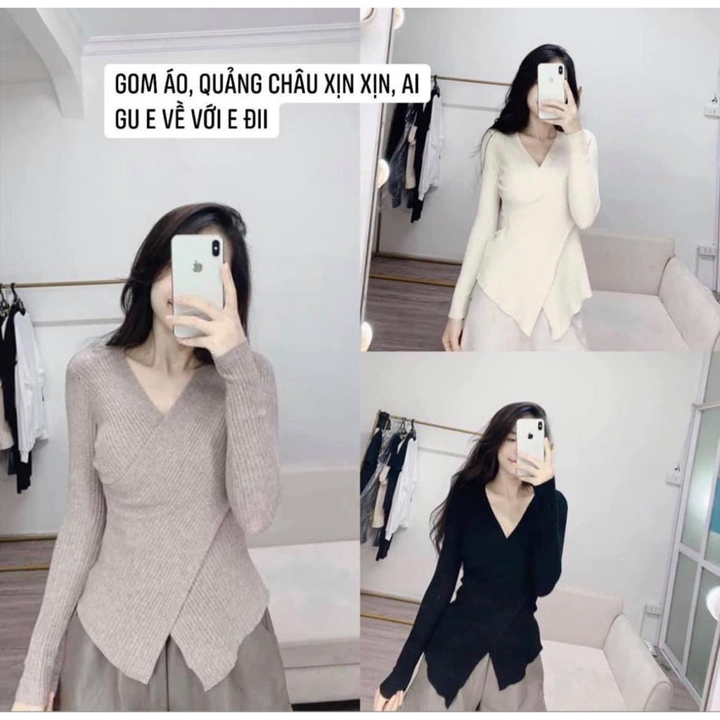 Áo len tăm nữ dài tay thu đông vạt chéo giữ nhiệt 3 màu co giãn hot trend 2021