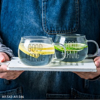 Cốc thuỷ tinh chịu nhiệt - cốc uống nước thuỷ tinh chữ Good Morning đen trắng
