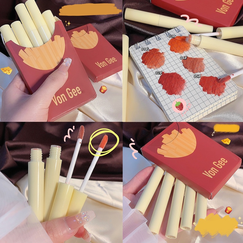 Set 5 Son Kem Lì VONGEE khoai tây chiên Nội Địa Trung dưỡng ẩm môi 5 màu chống dính