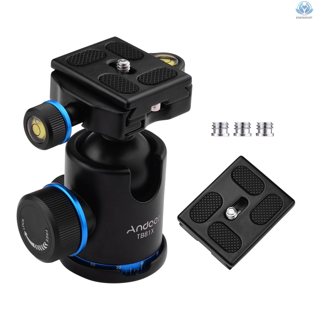 【enew】Andoer Aluminum Camera Panoramic Damper Ball Head Tripod Head 10KG Payload 360° Swivel 90° Flip with Quick Release Plate Scaled Plate Dual Bubble Level Universal 1/4in 3/8in Mounting