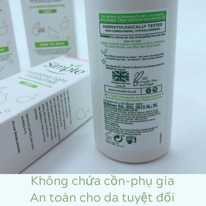 Kem dưỡng ẩm da mặt SIMPLE kind to skin hydrating light moisturiser phù hợp mọi loại da (125ml)